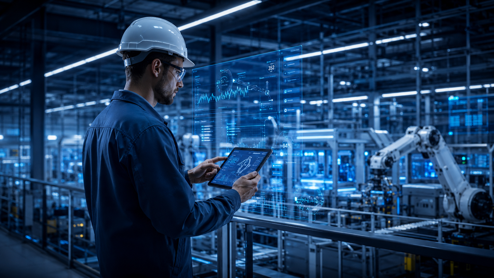 Operador industrial usando tablet con datos de manufactura digital Zyma